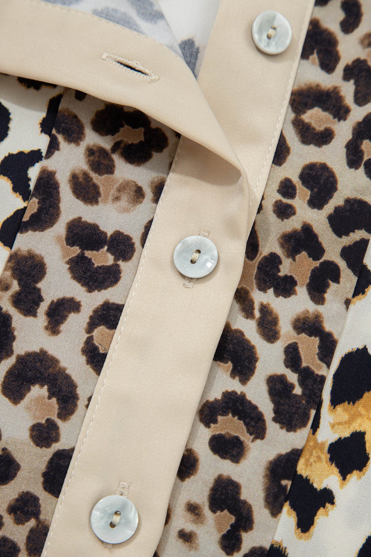 Khaki Leopard Patchwork 3/4 Sleeve Loose Shirt