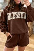 Coffee Christian Slogan Print Mock Neck Pullover and Shorts Set