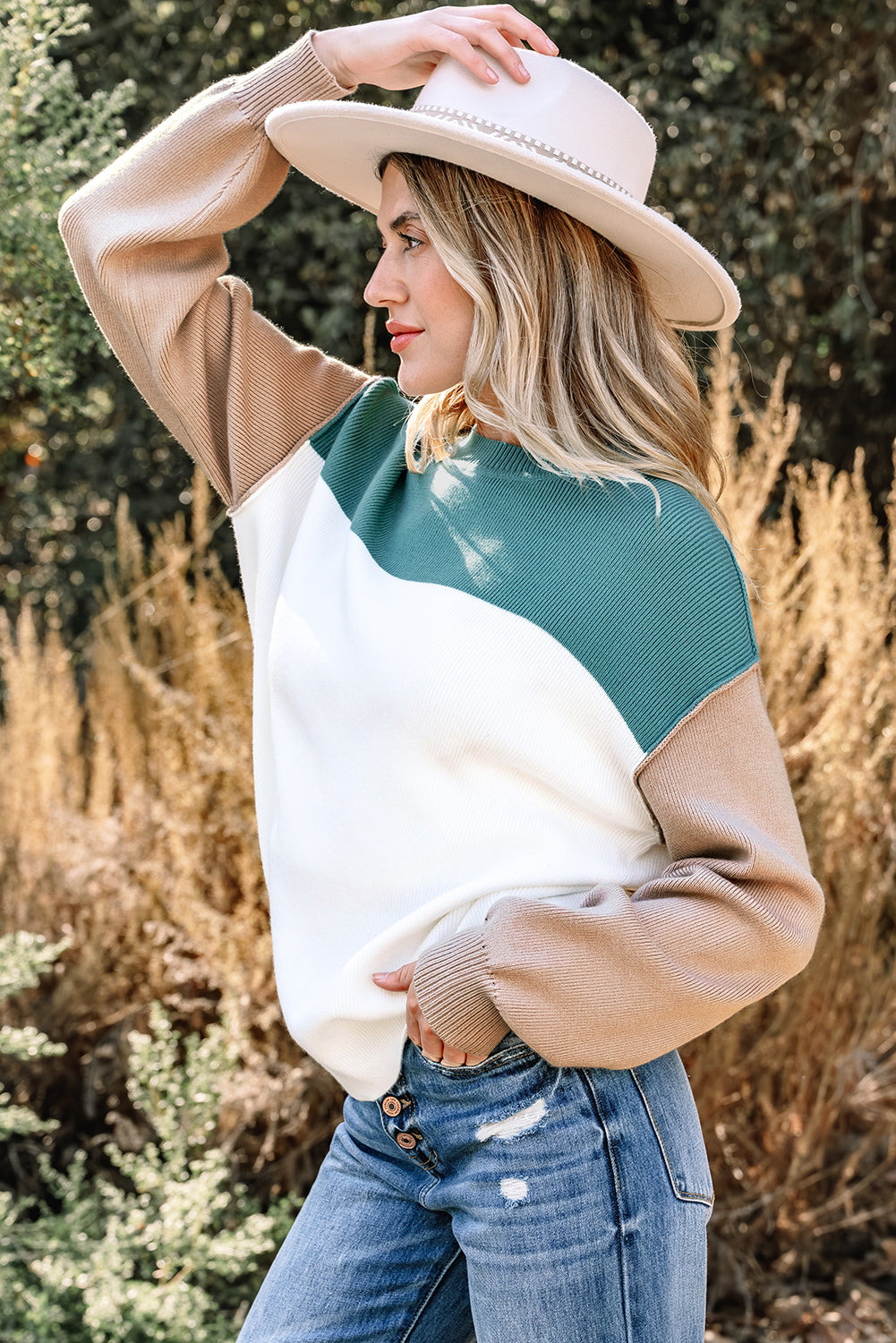 Green Color Block Ribbed Knit Baggy Sweater
