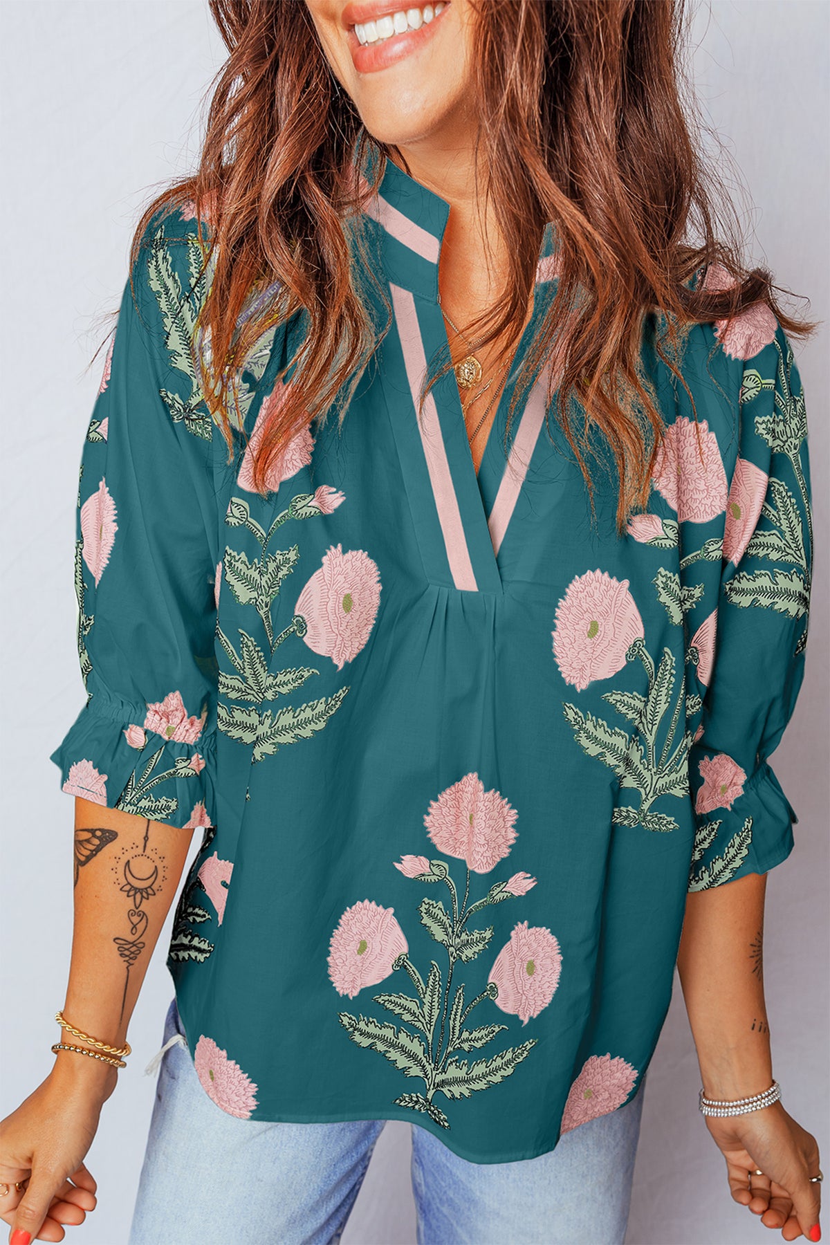 Casual Wild Flower 3/4 Sleeve Blouse