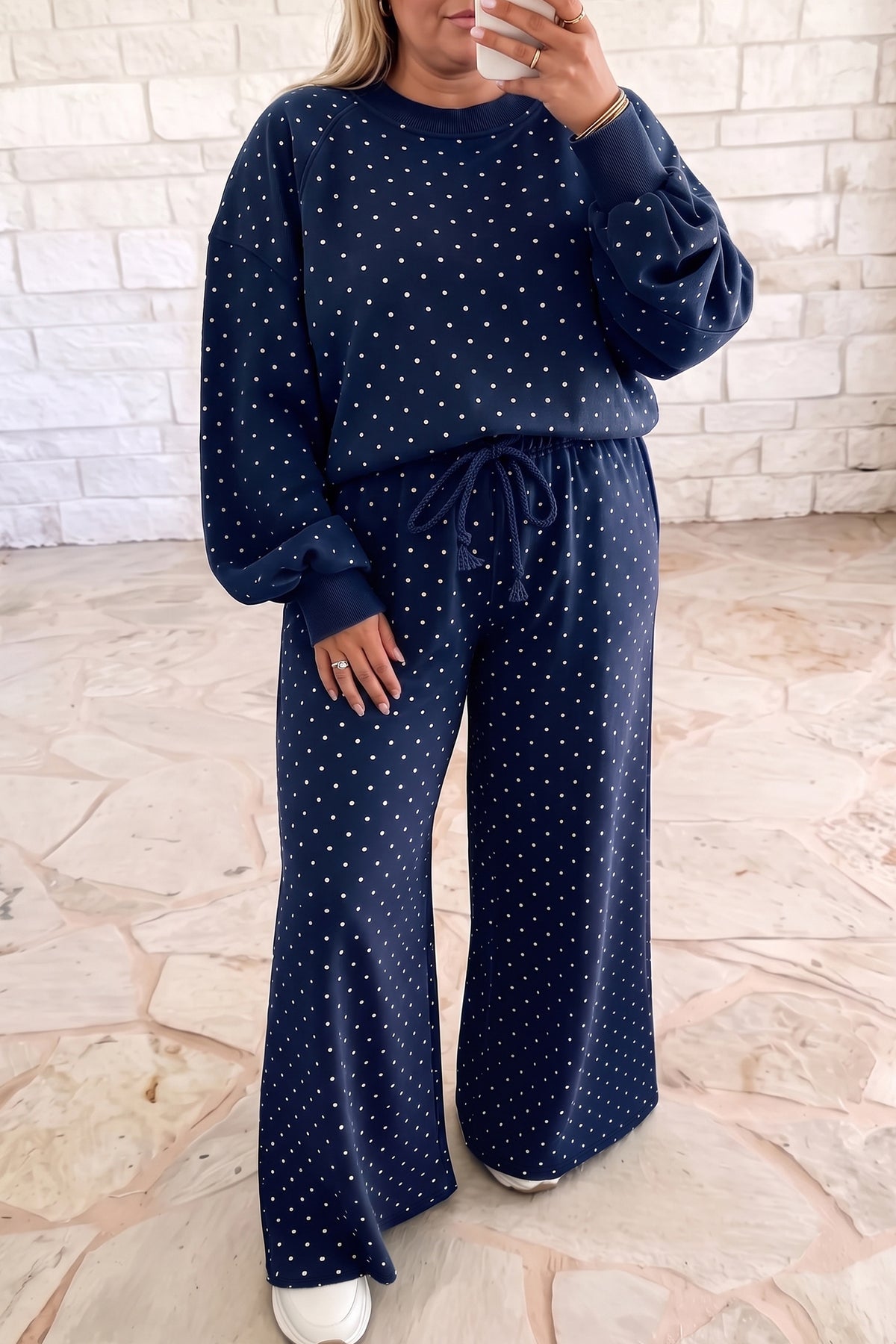 Brown Polka Dot Round Neck Long Sleeve Plus Size Set