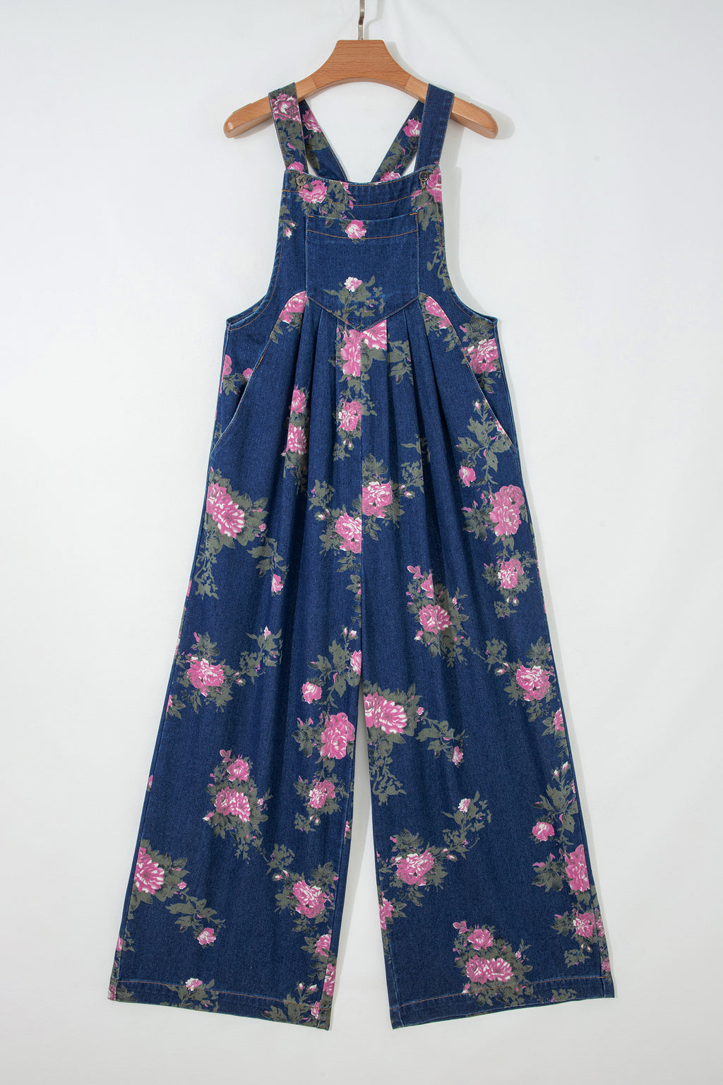 Floral Print Pleated Wide Leg Denim Jumpsuit