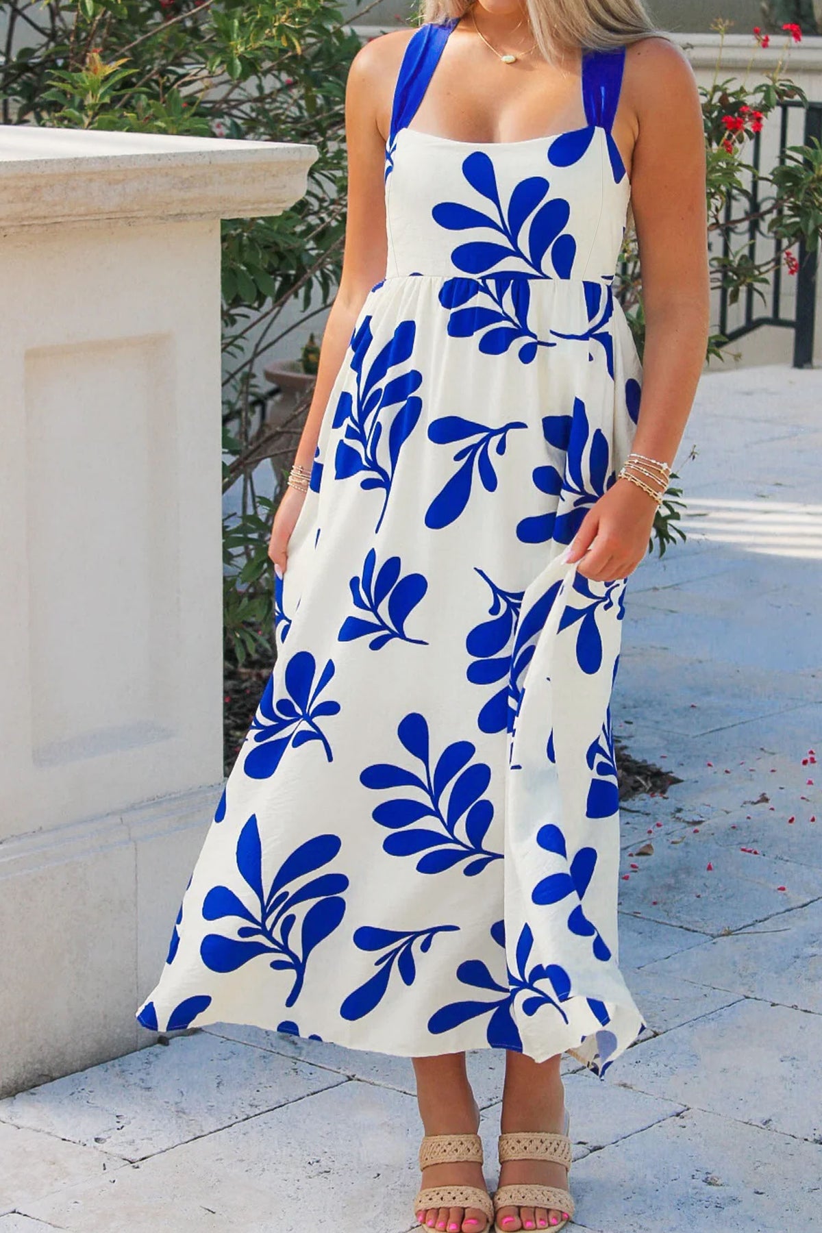 Blue Floral Print Crisscross Tie Back Sleeveless Dress