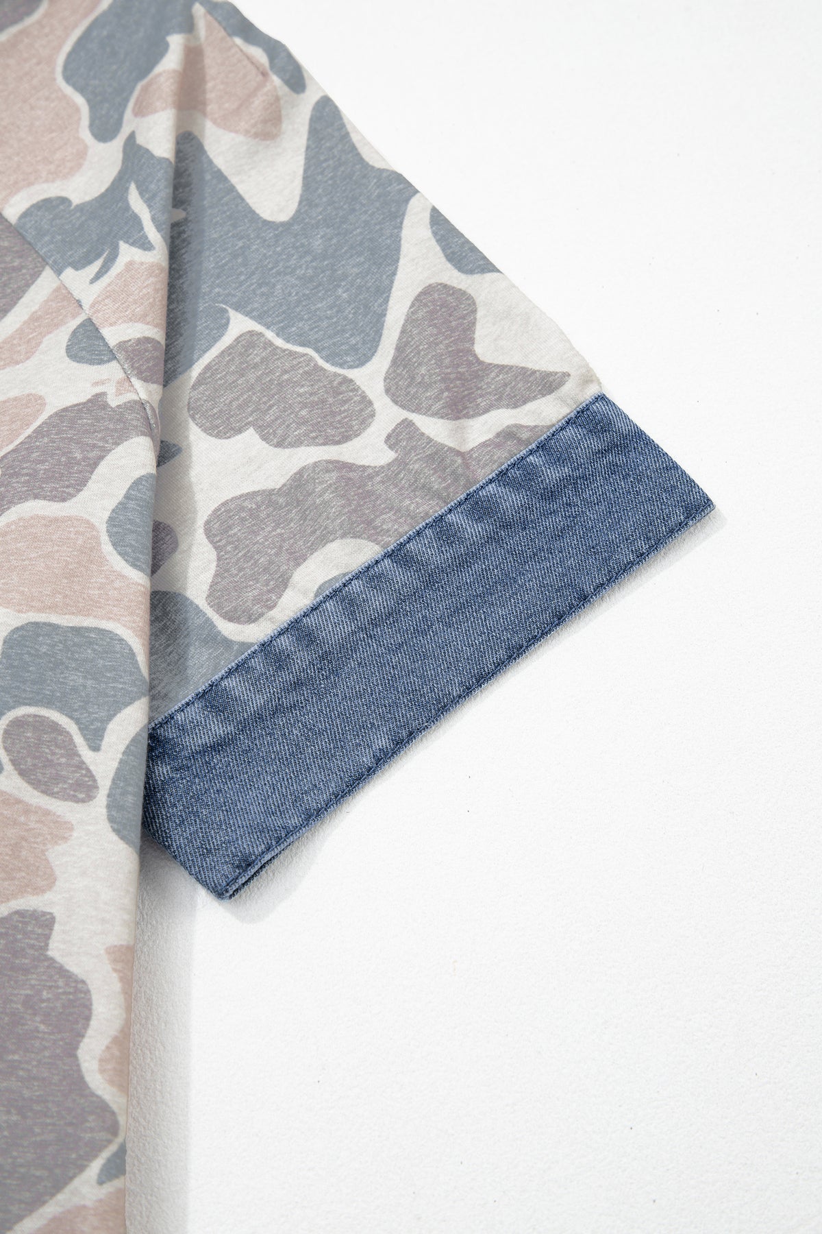 Camouflage Print Denim Patchwork Polo Collar Tee