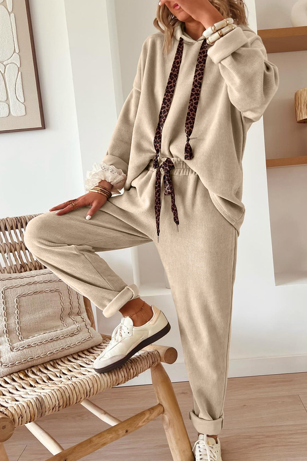 Parchment Leopard Drawstring Pullover Hoodie and High Waist Pants Corduroy Suit