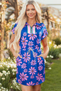 Purple Floral Striped Quarter Zip Dress
