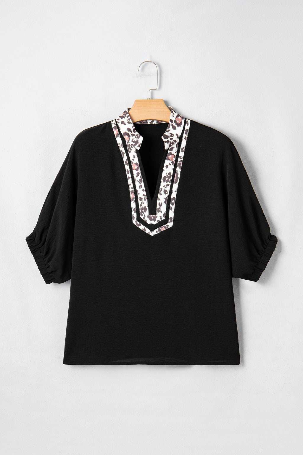 Leopard Patchwork Trim V Neck Blouse