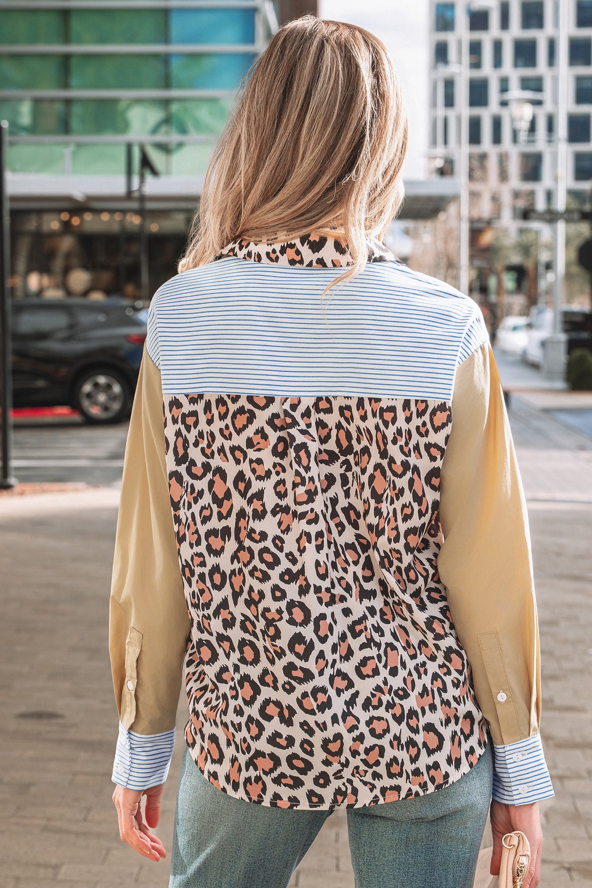 Sky Blue Stripe Leopard Patchwork Shirt