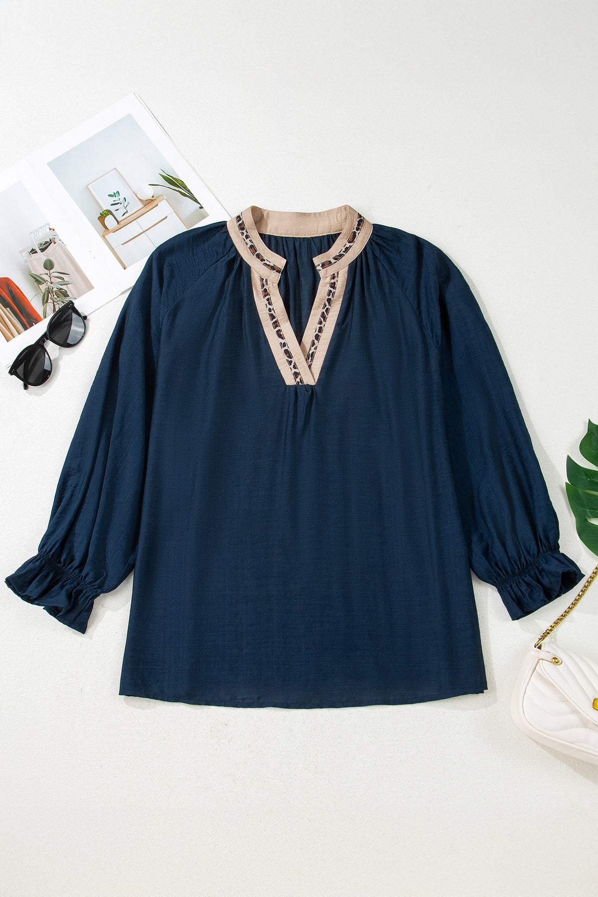 Plus Size Navy Blue Leopard Patchwork Blouse