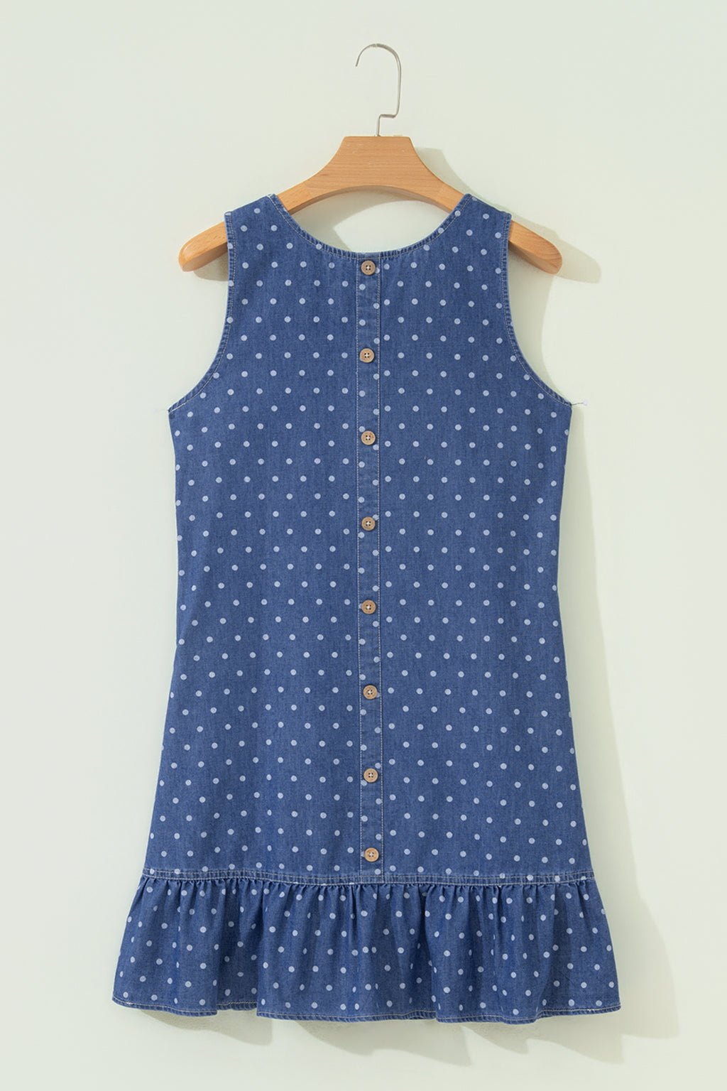 Blue Polka Dot Ruffle Hem Sleeveless Denim Dress