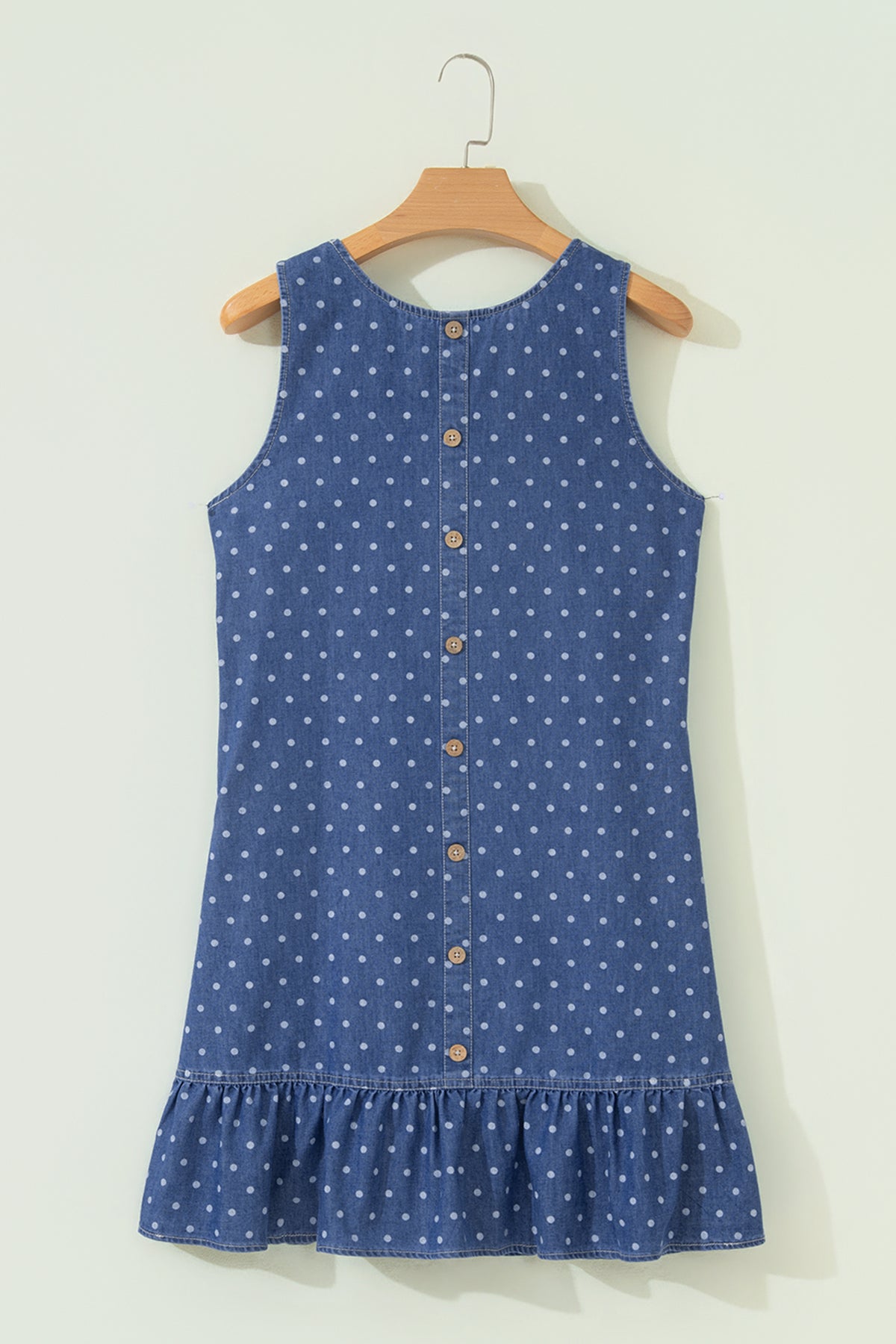Blue Polka Dot Ruffle Hem Sleeveless Denim Dress