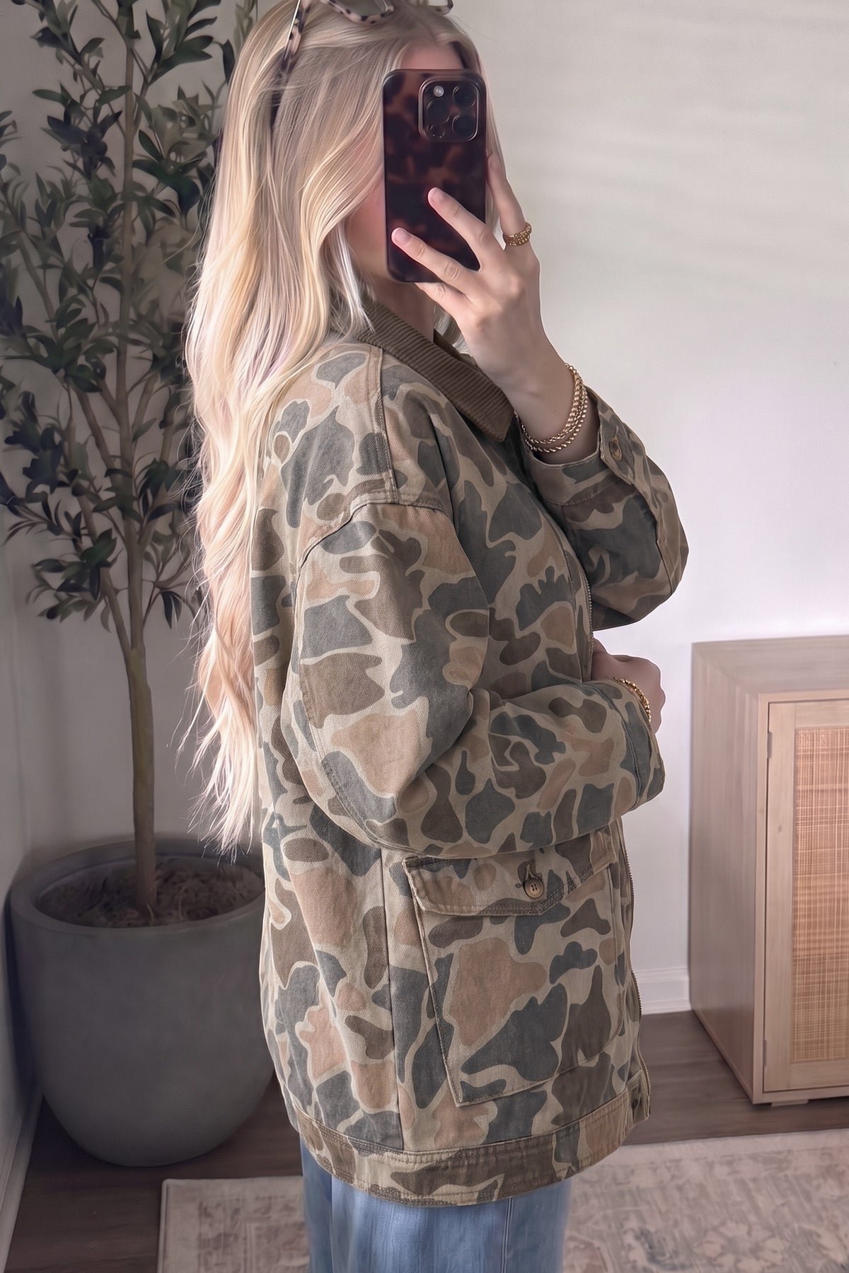 Camouflage Print Corduroy Denim Jacket