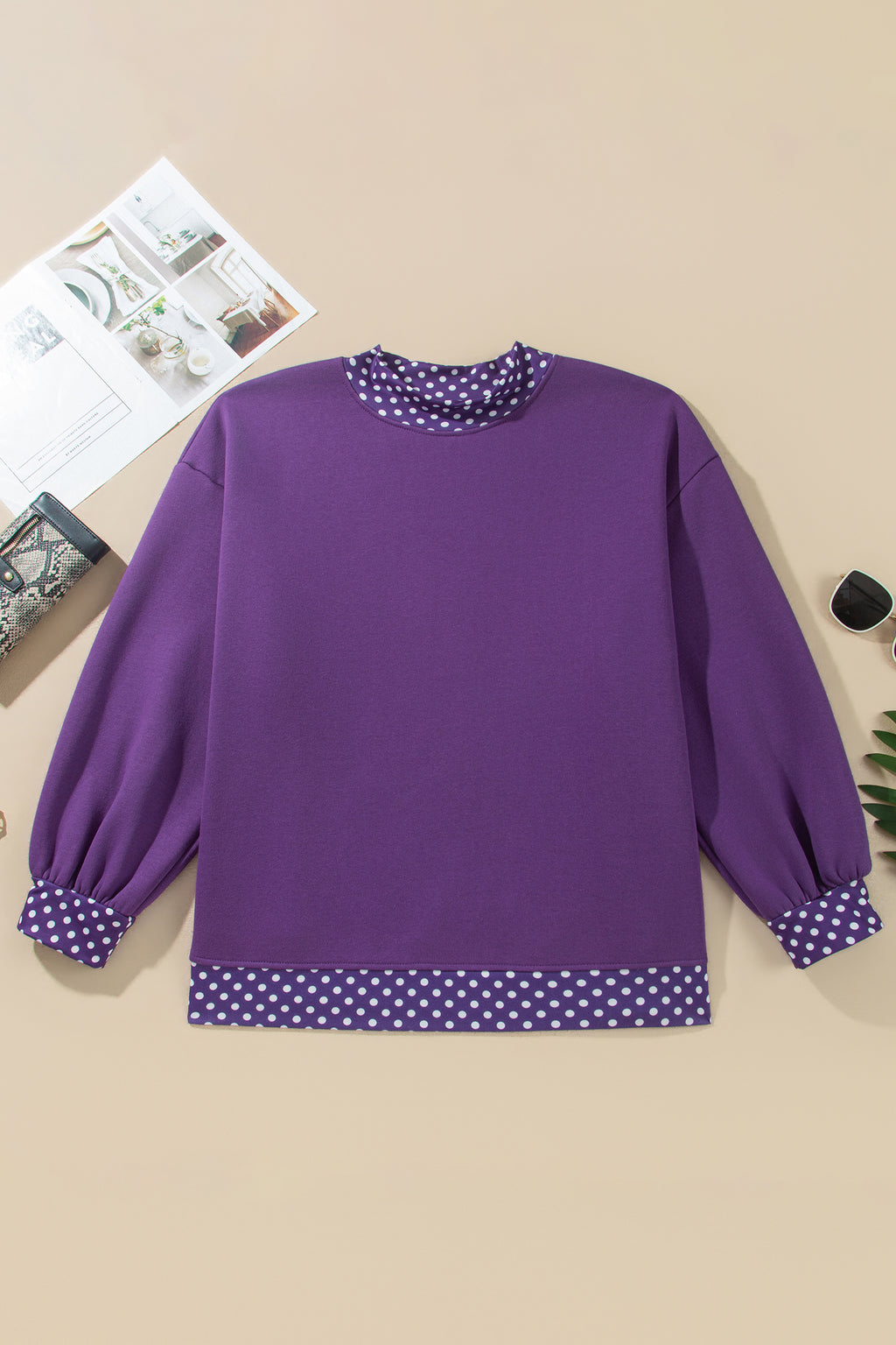 Dirty blue Polka Dot Patchwork Round Neck Plus Size Sweatshirt