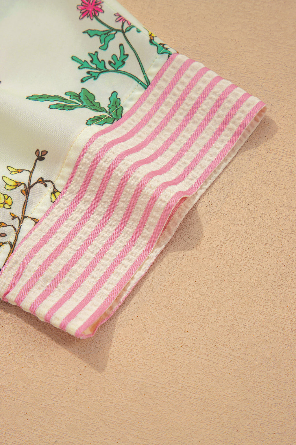 Beige Floral Striped Patchwork Ruffled Collar Shirt