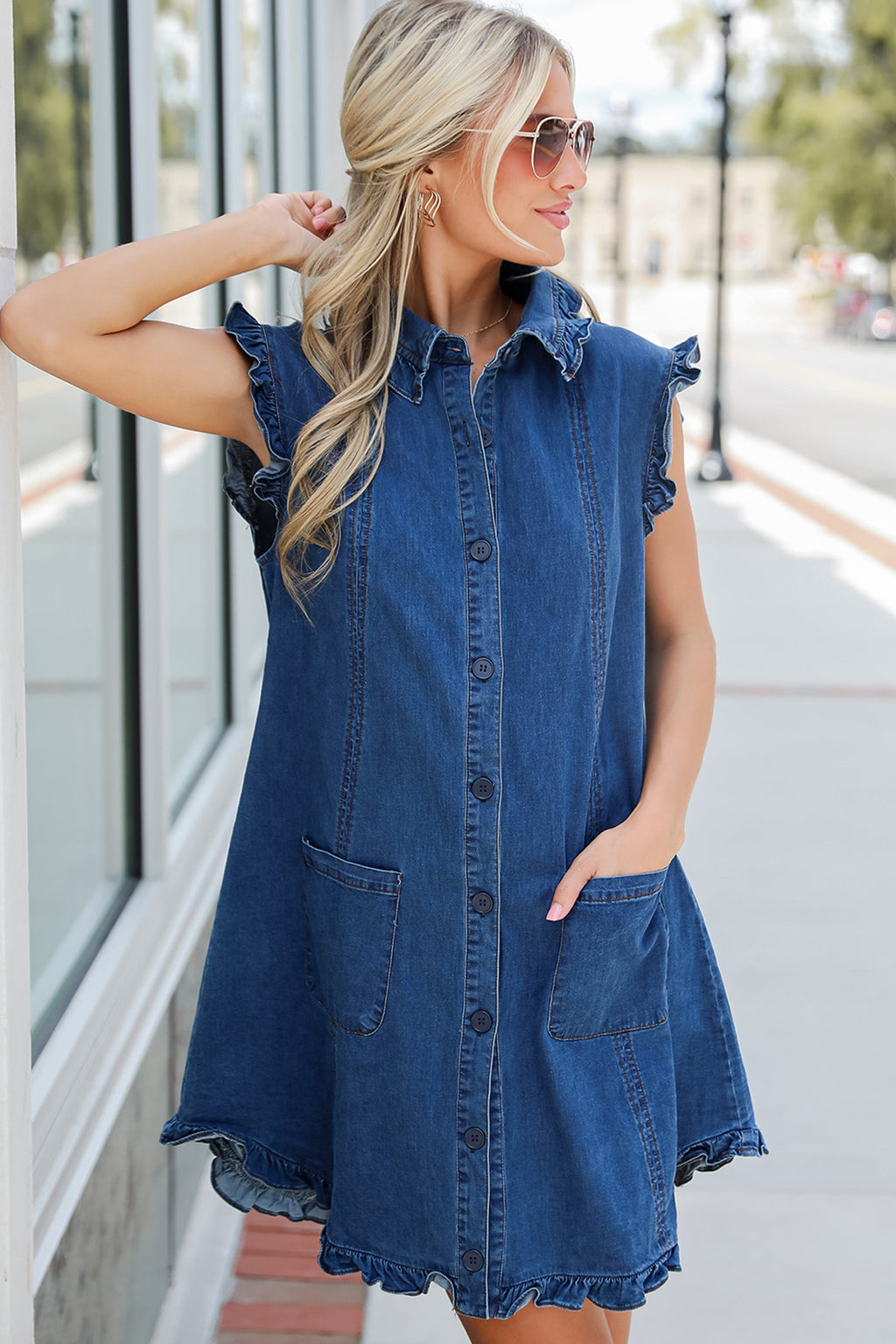 Ruffled Edge Collared Shift Denim Dress with Pockets