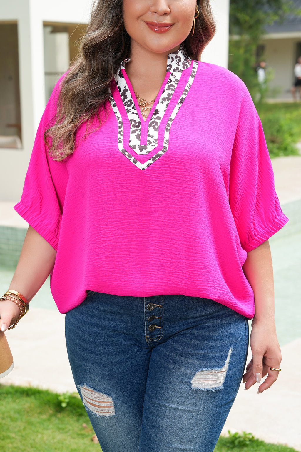 Plus Size Leopard Accent Short Sleeve Top
