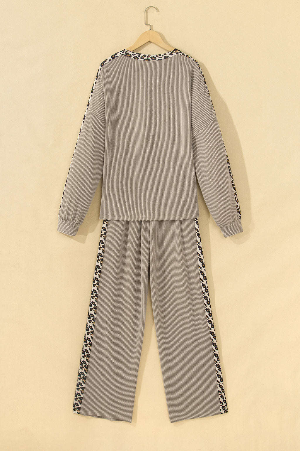 Simply Taupe Cozy Ribbed Patchwork Leopard Trim Long Sleeve 2pcs Pant Set