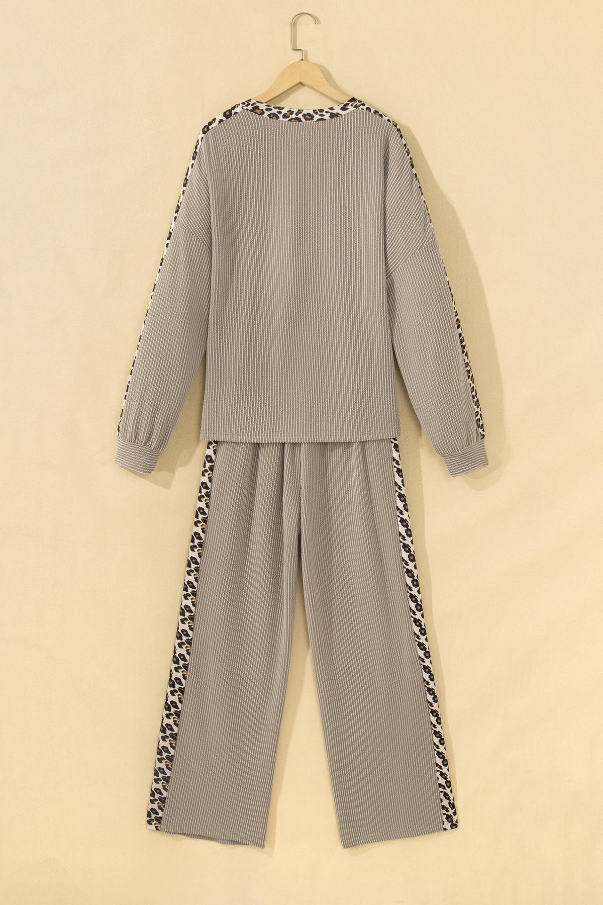 Simply Taupe Cozy Ribbed Patchwork Leopard Trim Long Sleeve 2pcs Pant Set
