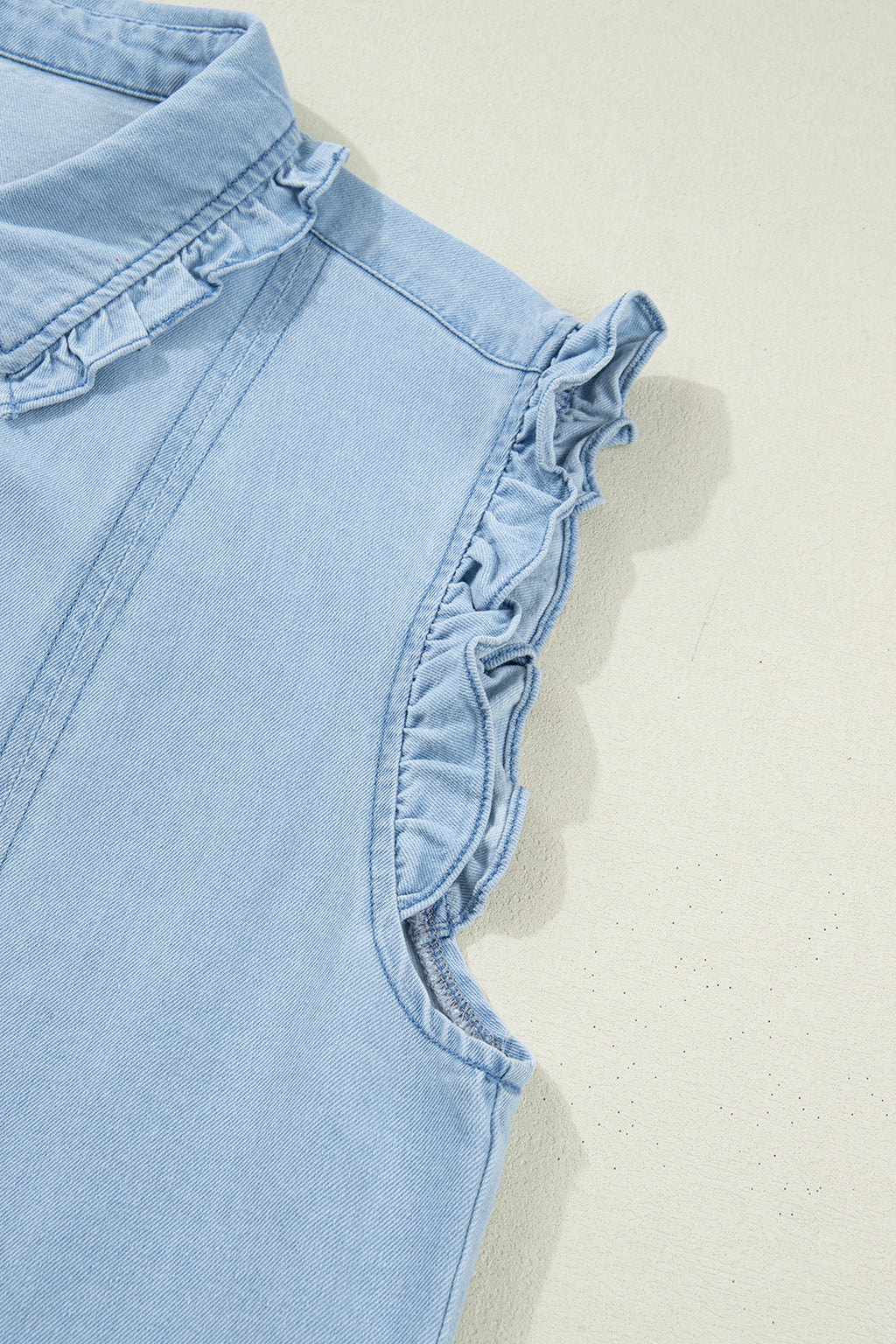 Ruffled Edge Collared Shift Denim Dress with Pockets