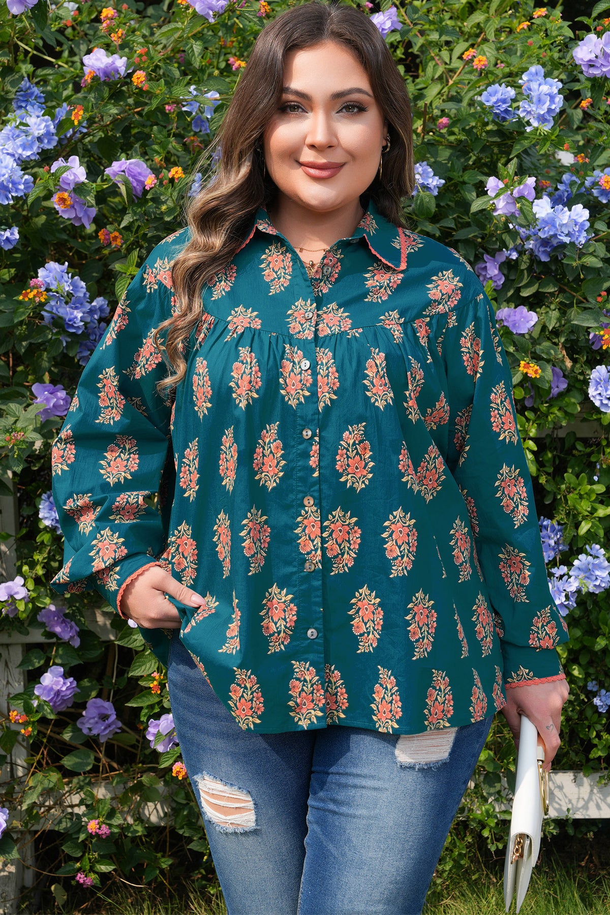 Green Plus Size Floral Print Shirt