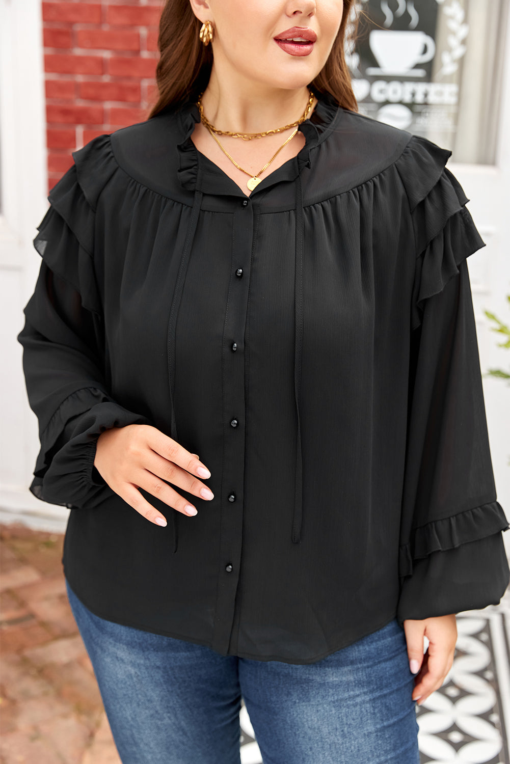 Plus size Black Ruffle Chiffon Elegant blouse