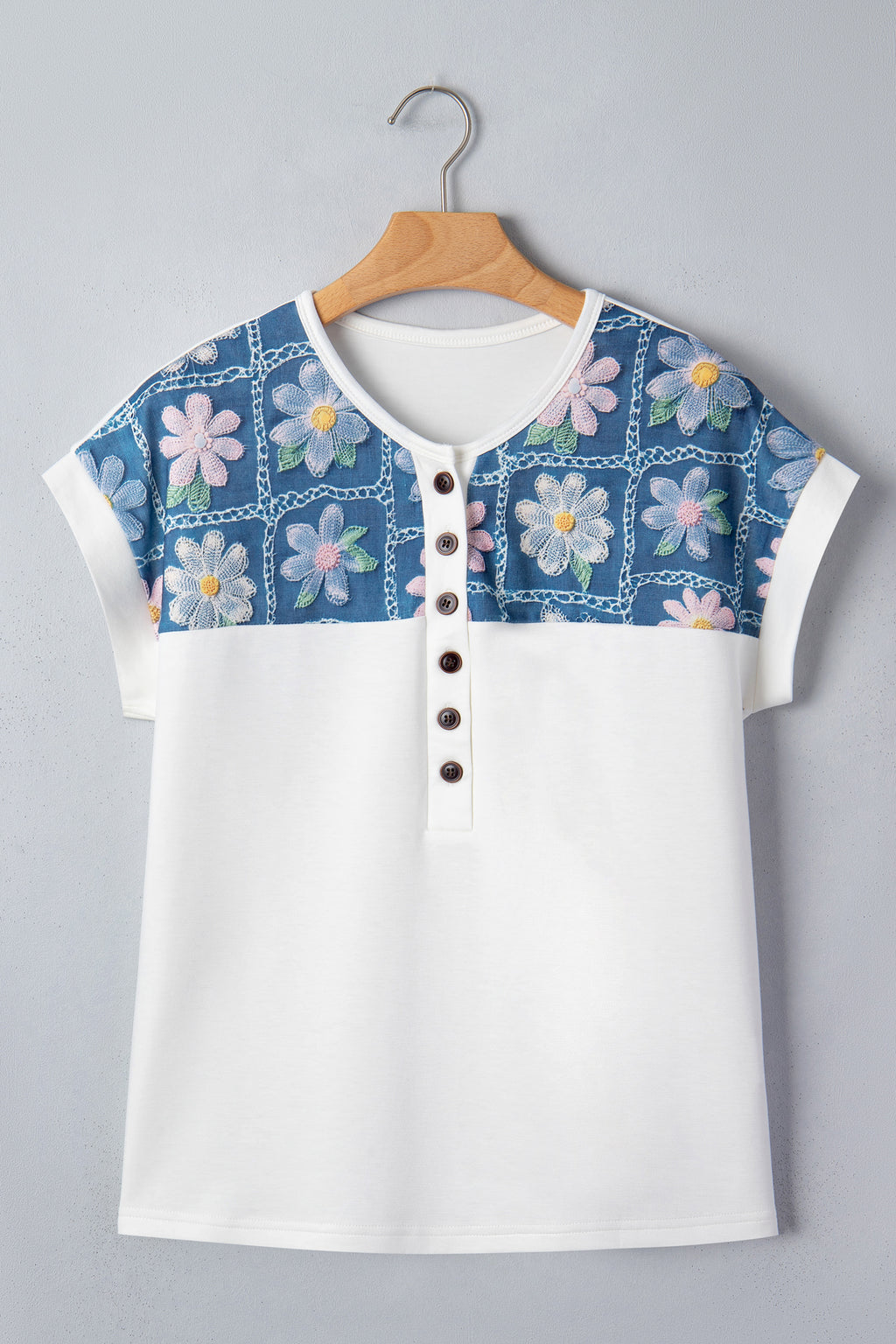 White Floral Patchwork Short Sleeve Blouse