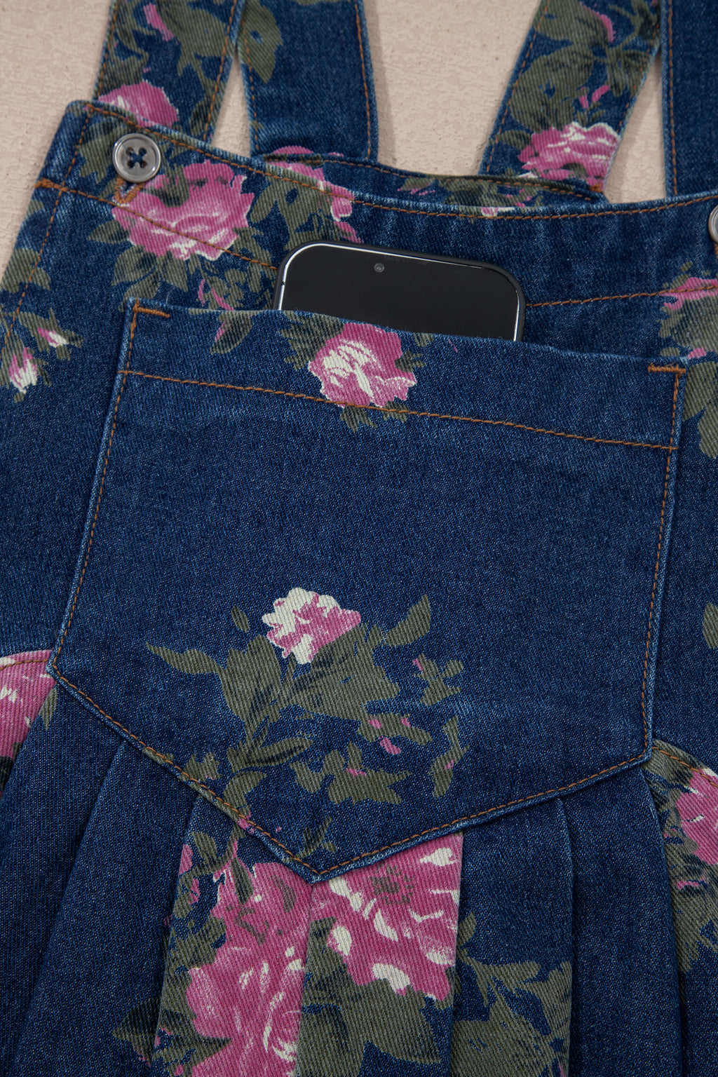 Floral Print Pleated Wide Leg Denim Jumpsuit
