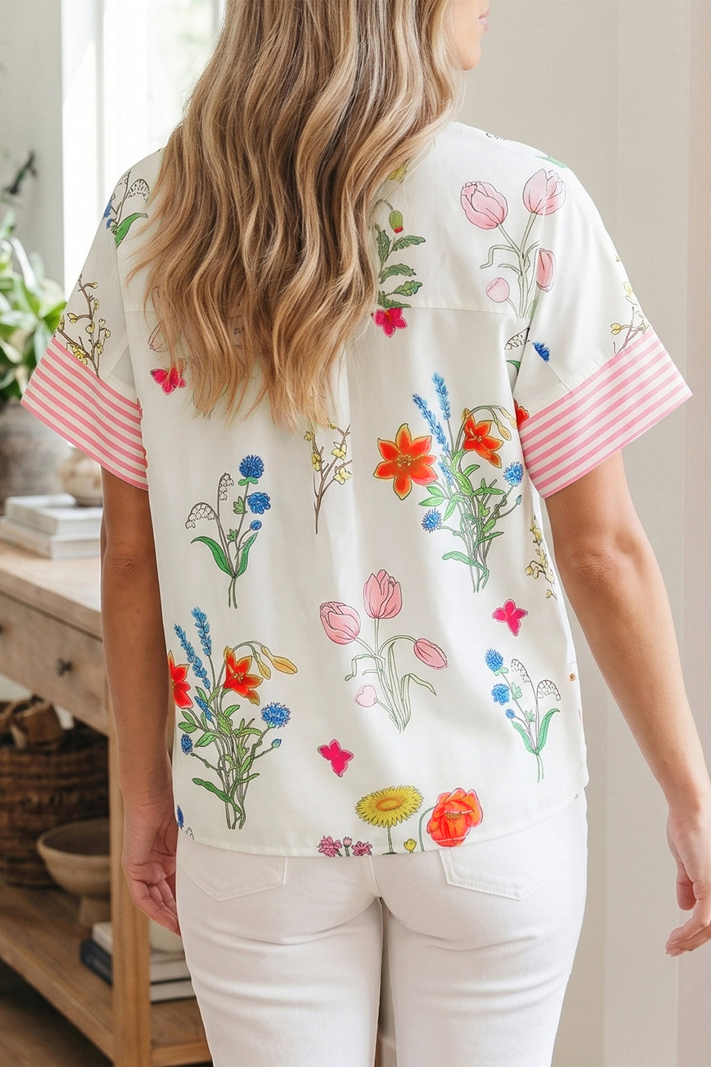 Beige Floral Striped Patchwork Ruffled Collar Shirt
