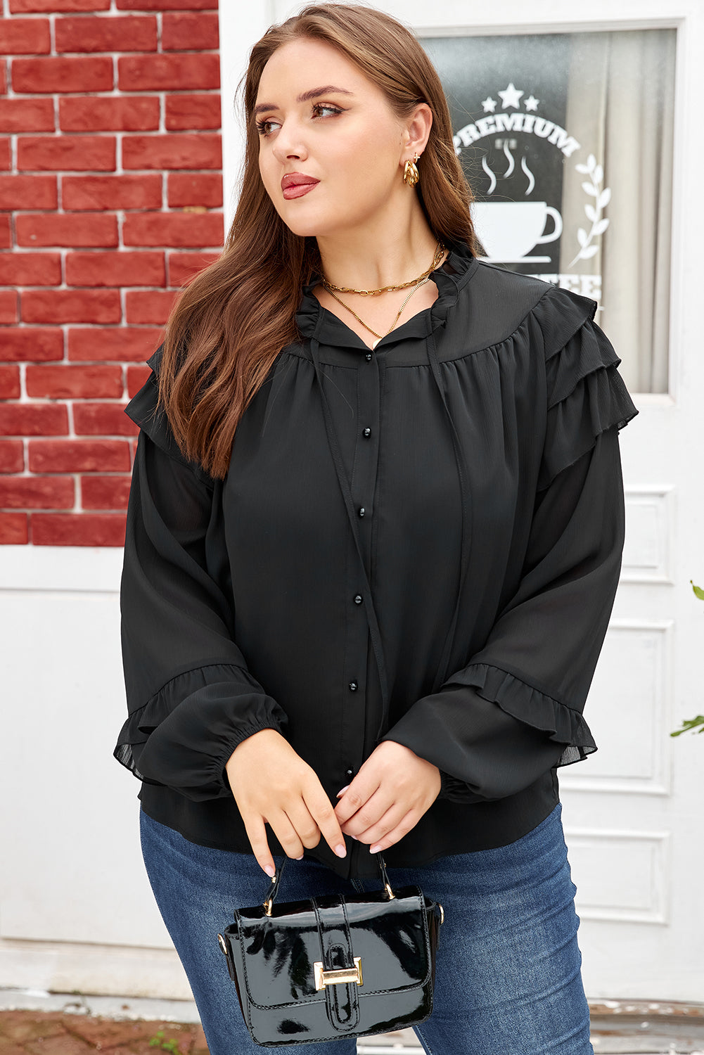 Plus size Black Ruffle Chiffon Elegant blouse