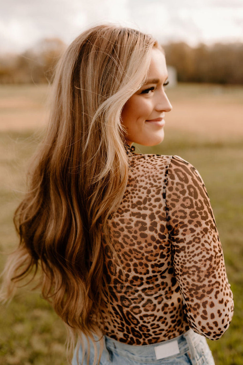 Brown Leopard Smocked Neck Mesh Bodysuit
