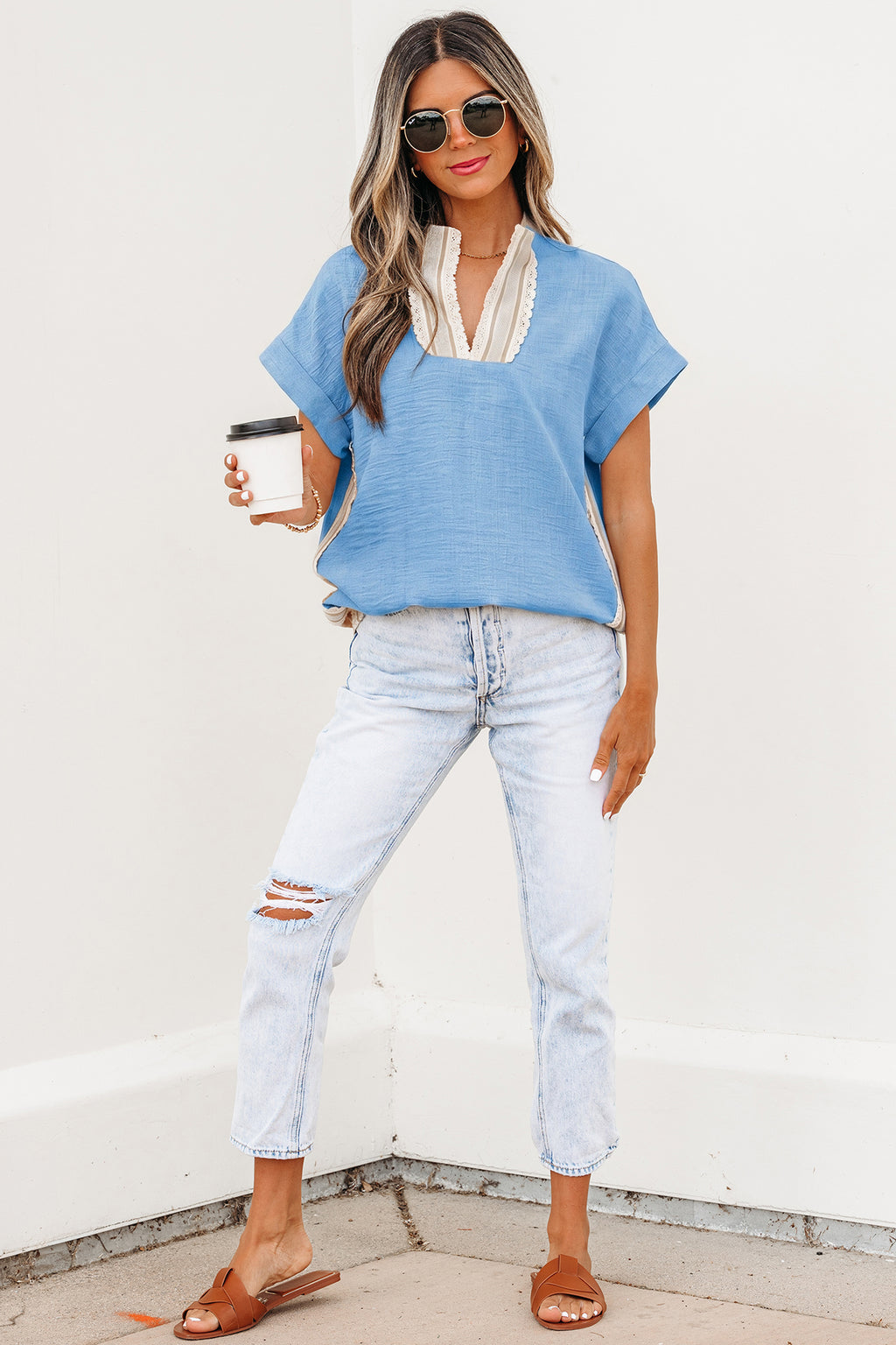 Blue Crochet Lace Accent Pullover Blouse
