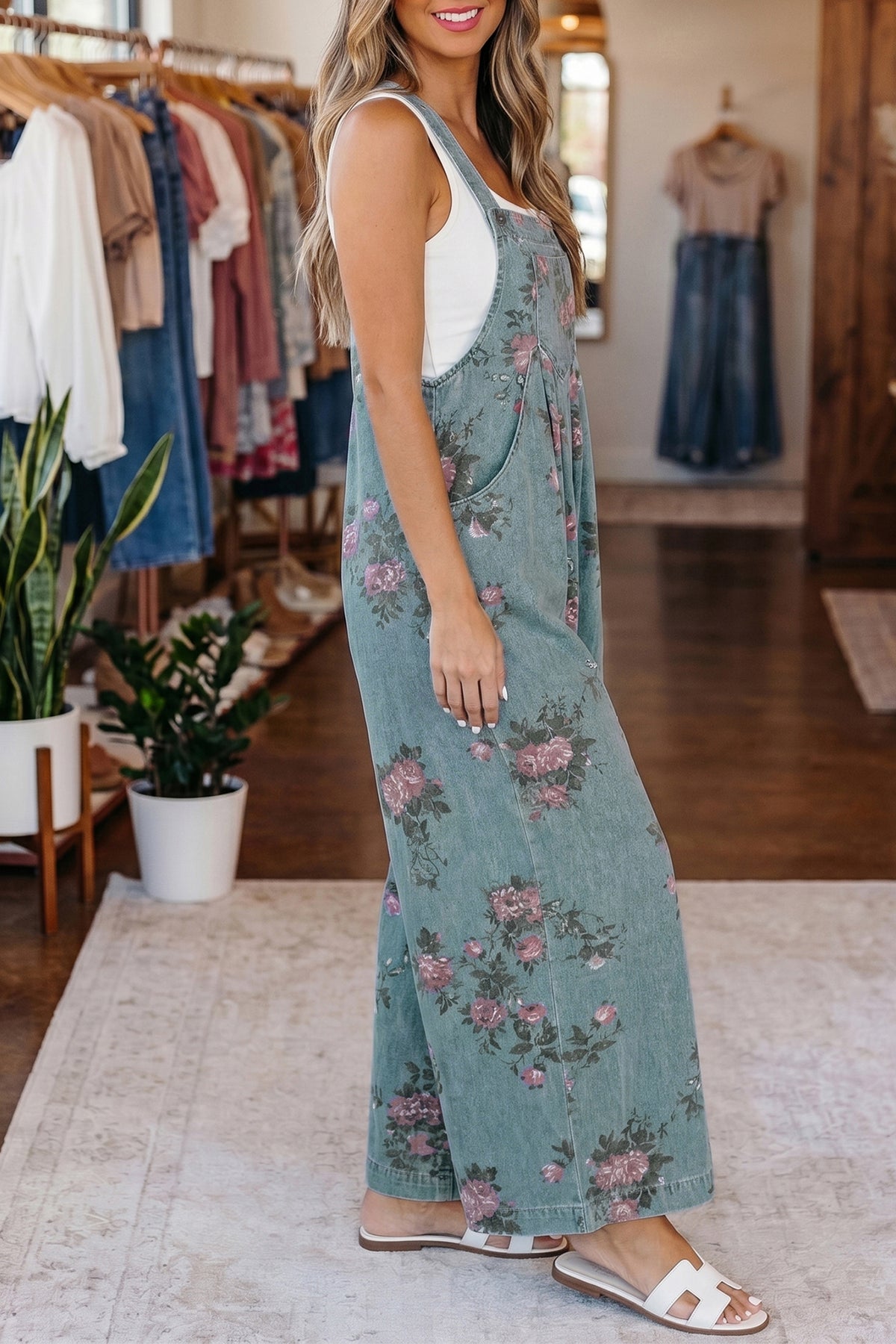 Floral Print Pleated Wide Leg Denim Jumpsuit