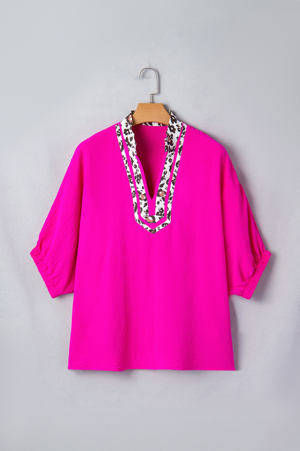 Leopard Patchwork Trim V Neck Blouse