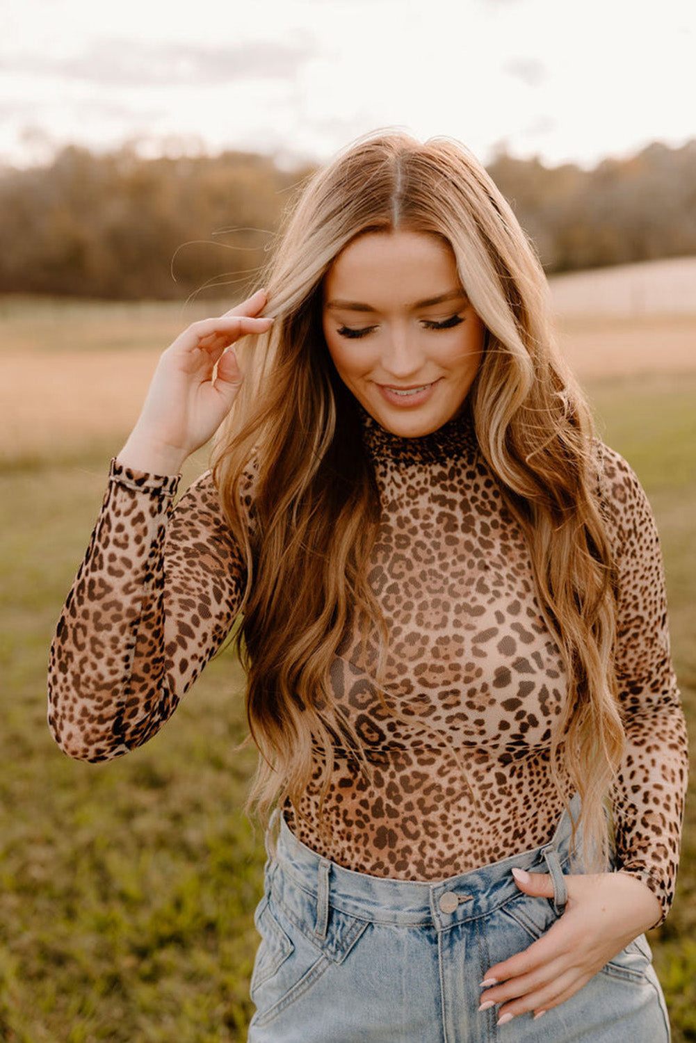 Brown Leopard Smocked Neck Mesh Bodysuit
