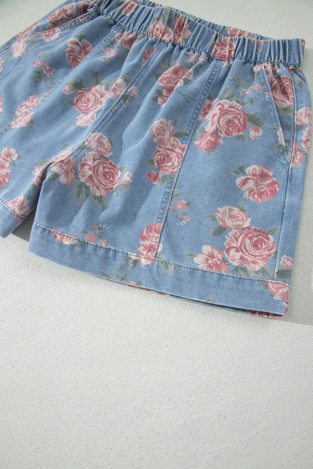 Sky Blue Floral Denim Loose Shorts 2pcs Set