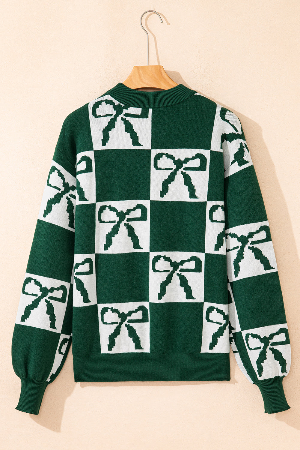Green Checkered Bow Casual Sweater