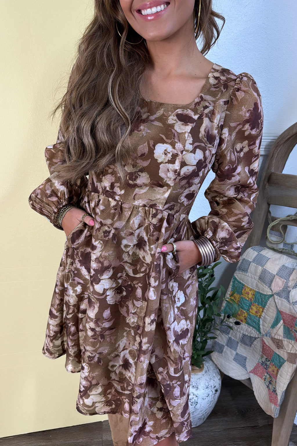 Brown Floral Print Square Neck Dress