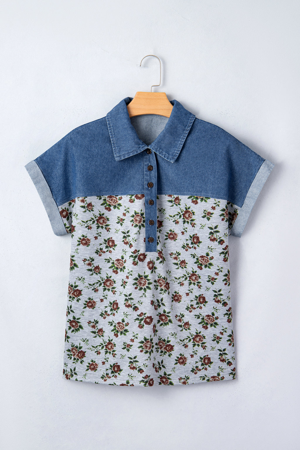 Floral Print Denim Buttoned Polo Collar Top