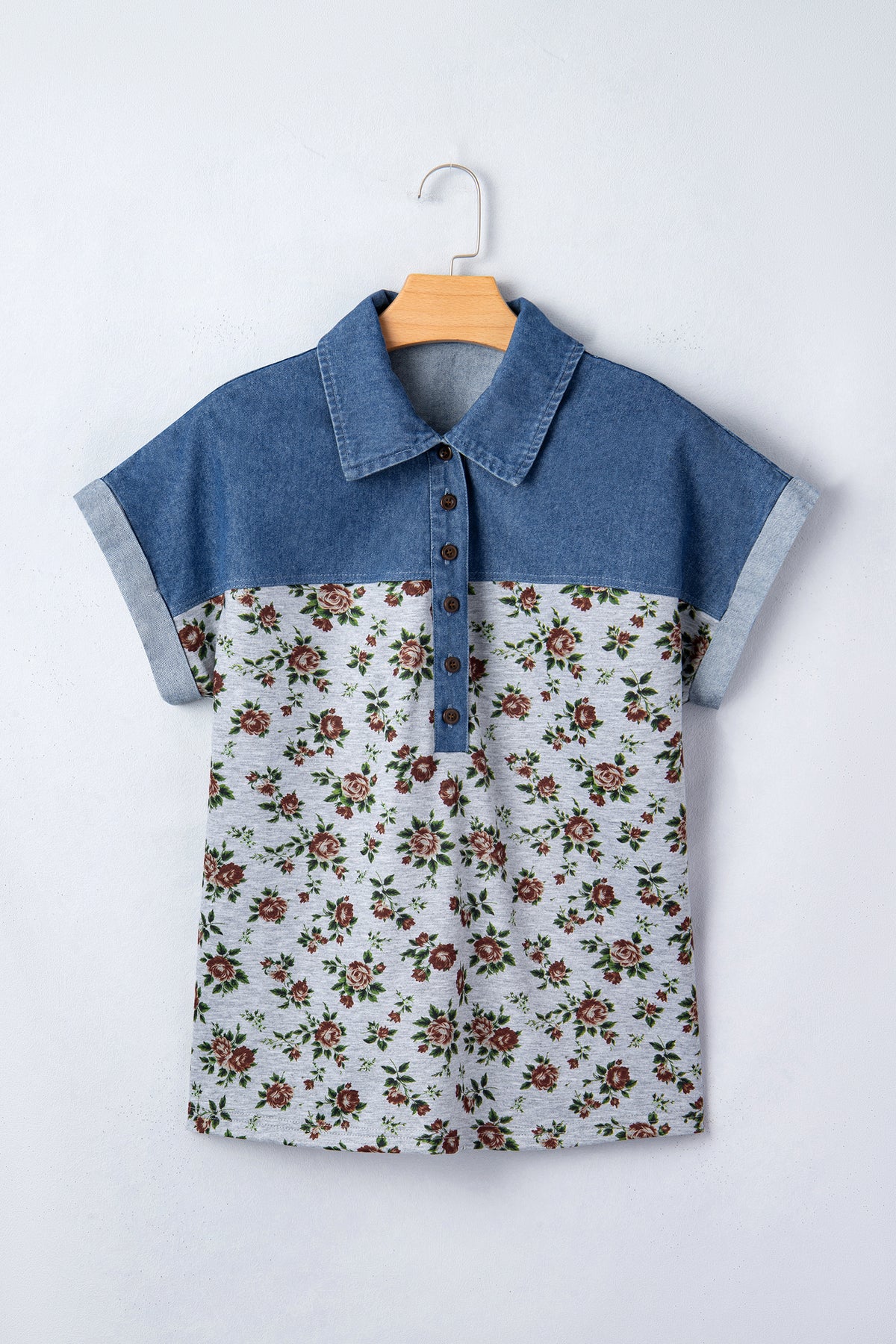 Floral Print Denim Buttoned Polo Collar Top