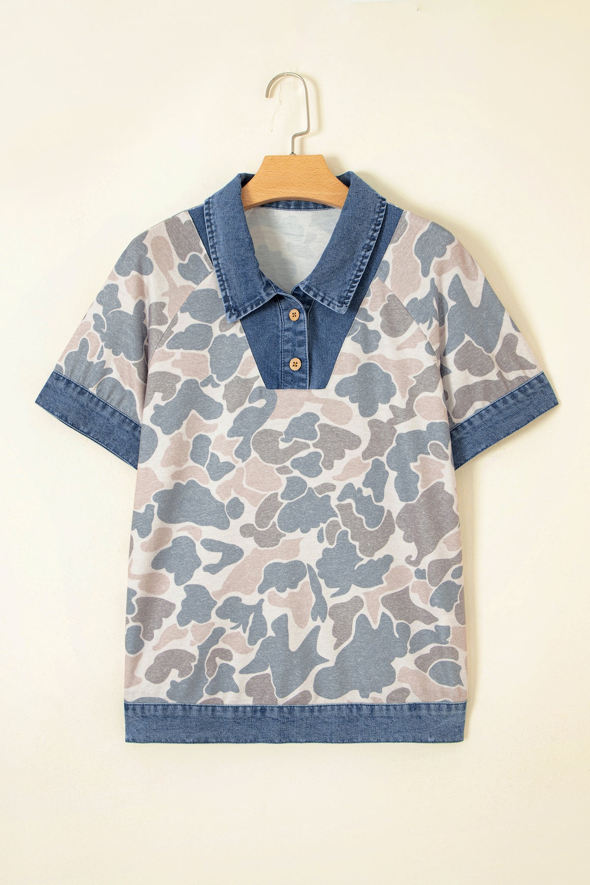 Camouflage Print Denim Patchwork Polo Collar Tee