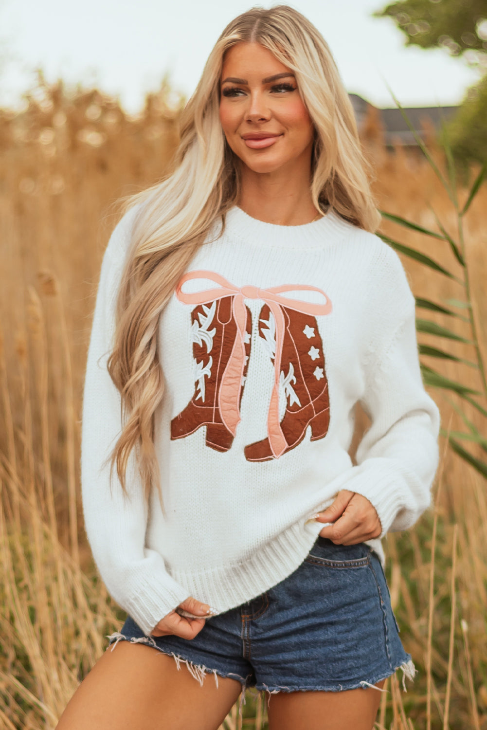White Embroidered Bow Boots Sweater