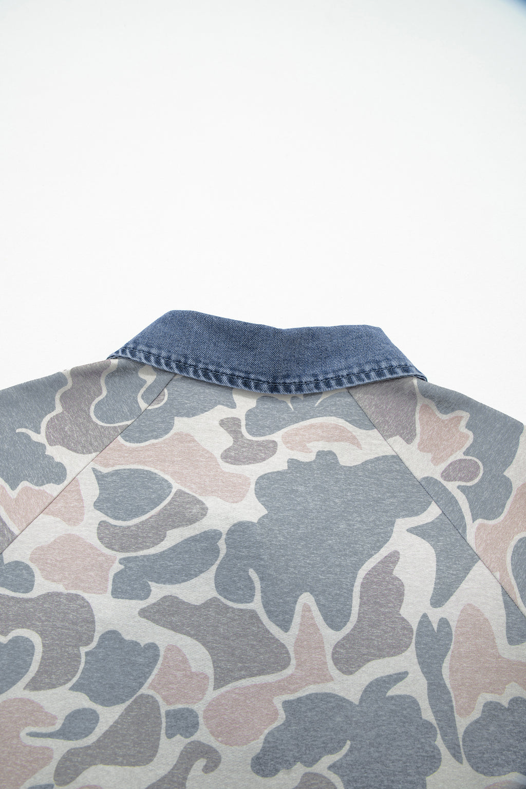 Camouflage Print Denim Patchwork Polo Collar Tee