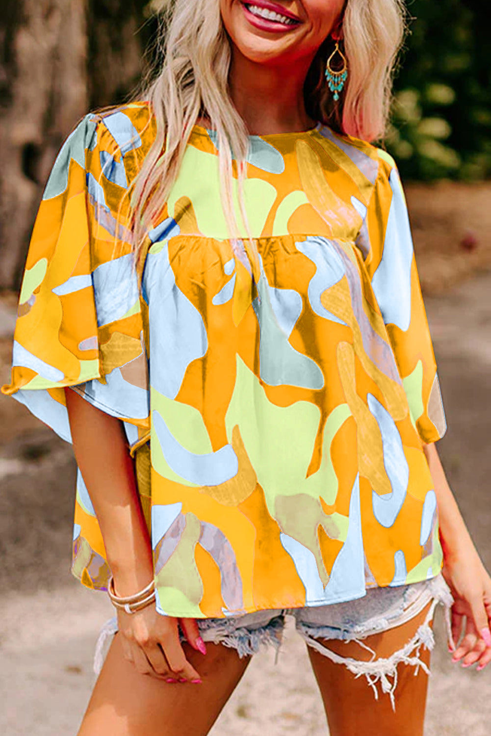 Orange Abstract Pattern Wide Sleeve Crew Neck Blouse