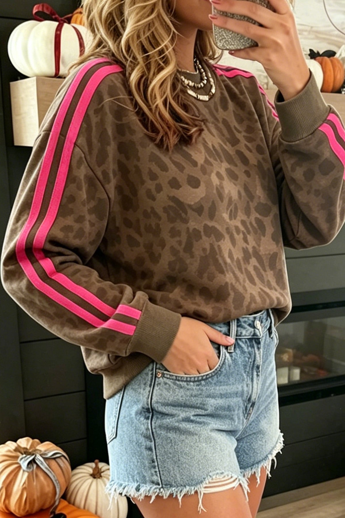 Brown Leopard Print Striped Detail Pullover Sweatshirt