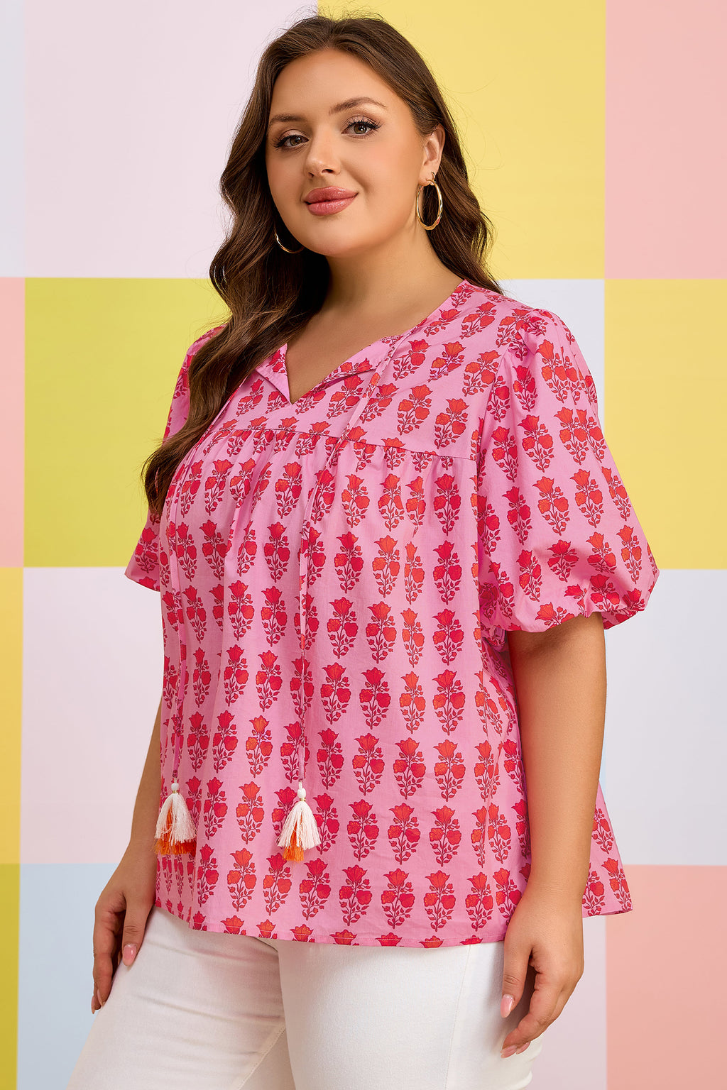 Pink Plus Size Floral Print Blouse