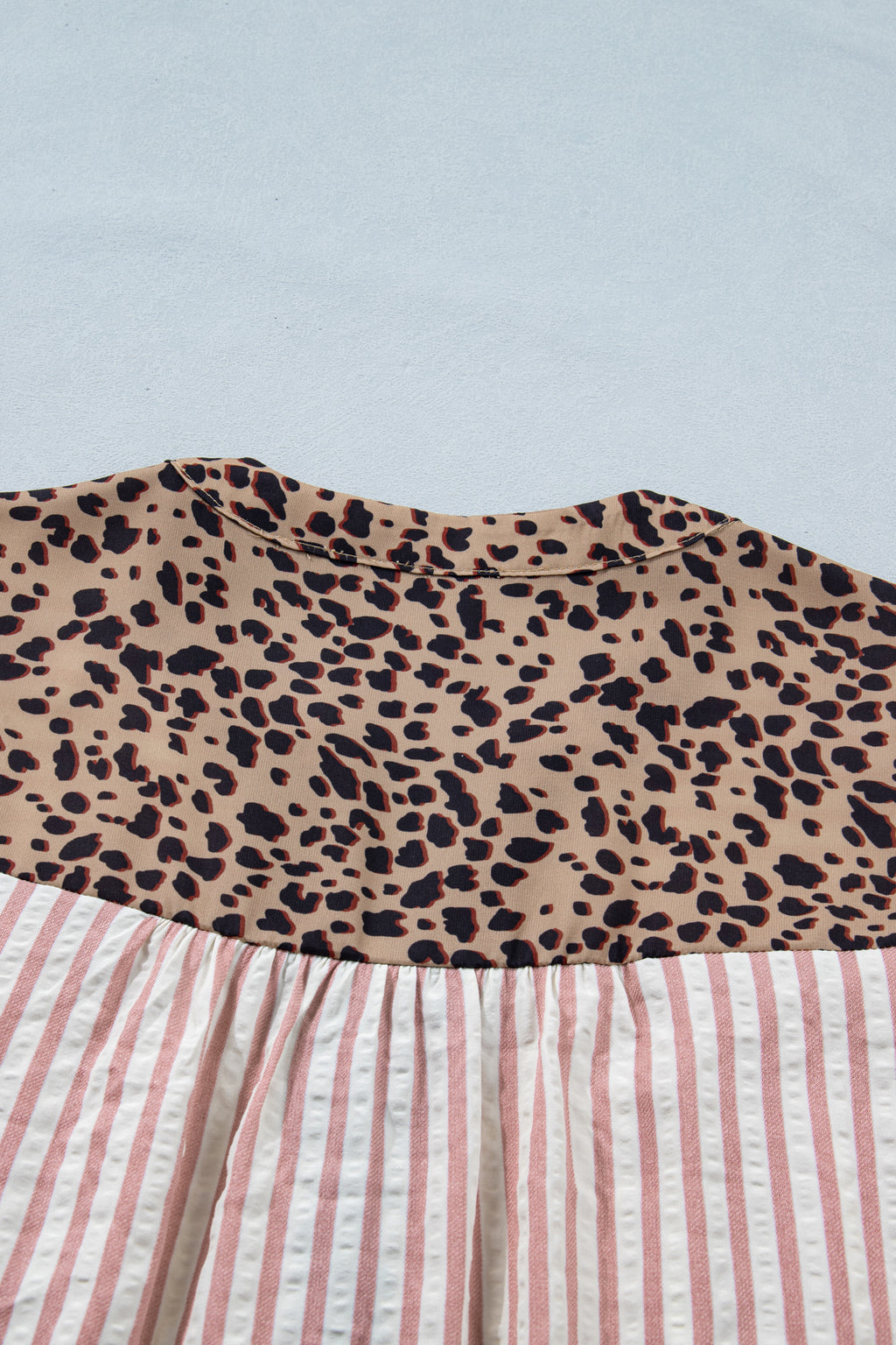 Blue Stripe Leopard Button Down Half Sleeve Shirt
