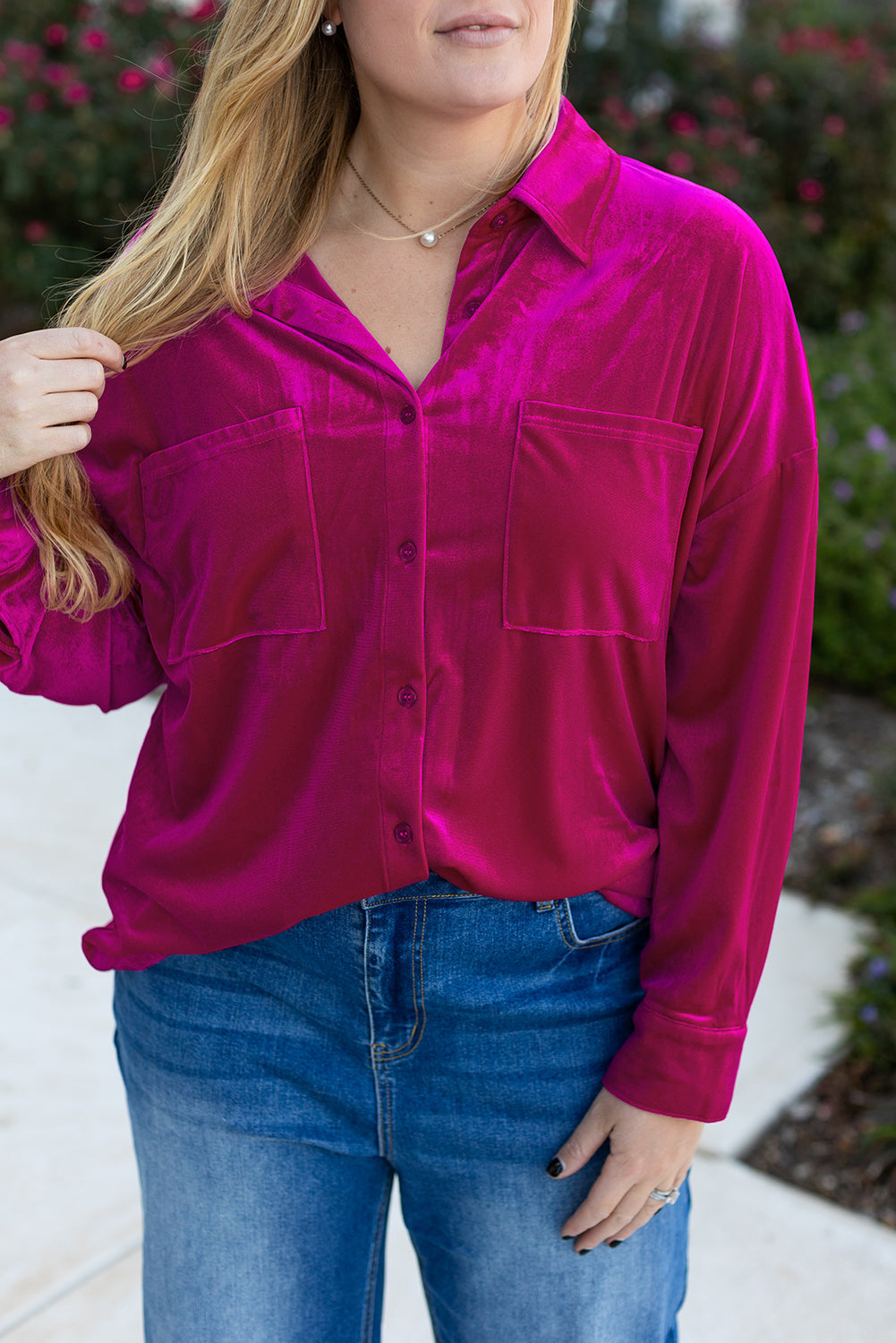 Bright Pink Plus Size Velvet Shirt