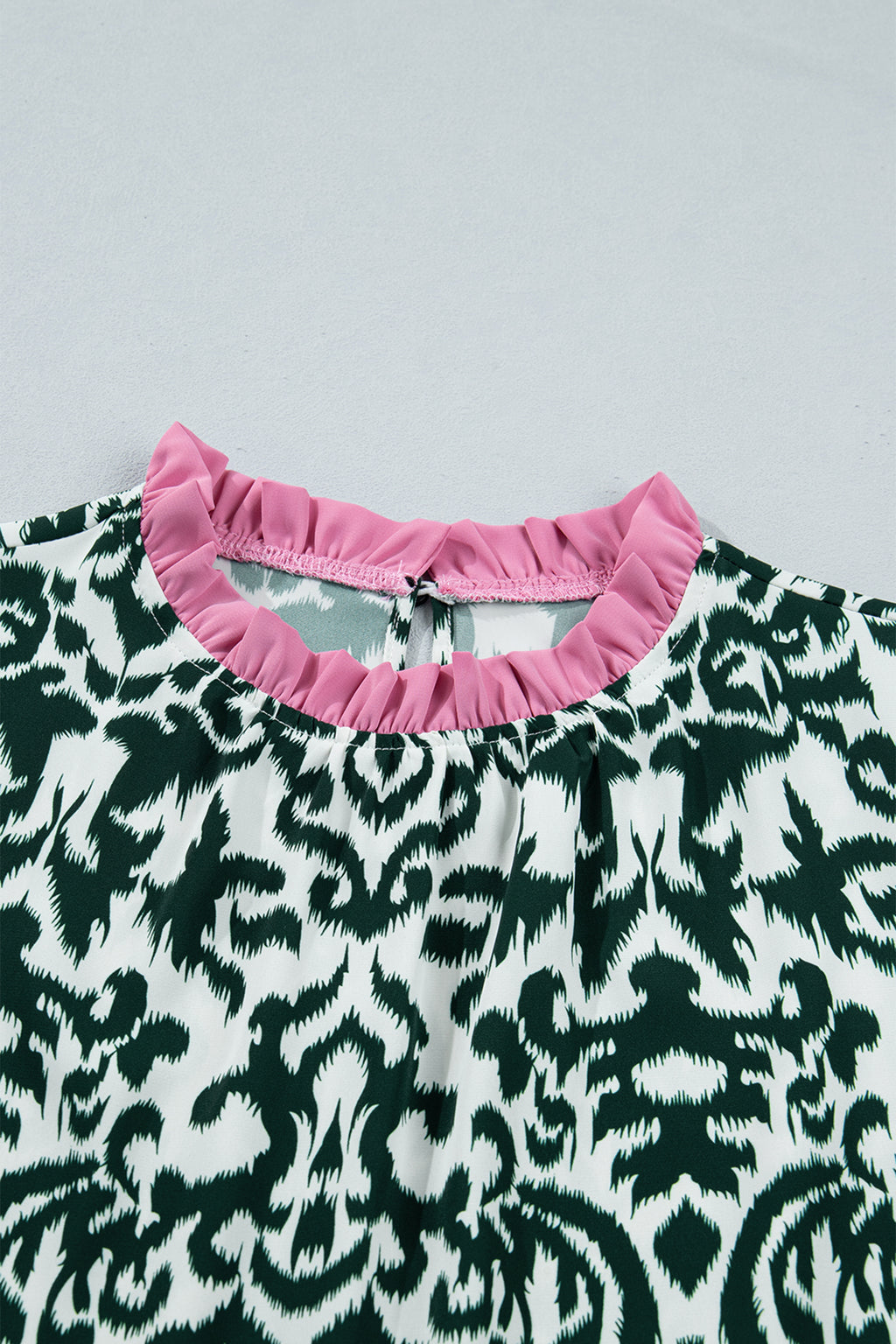 Green Damask Print Ruffled Blouse