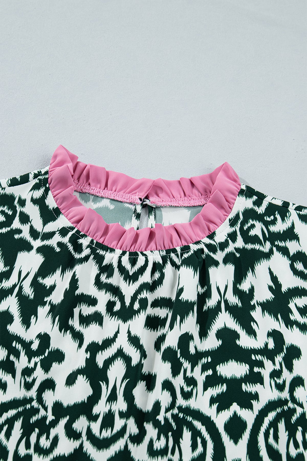 Green Damask Print Ruffled Blouse