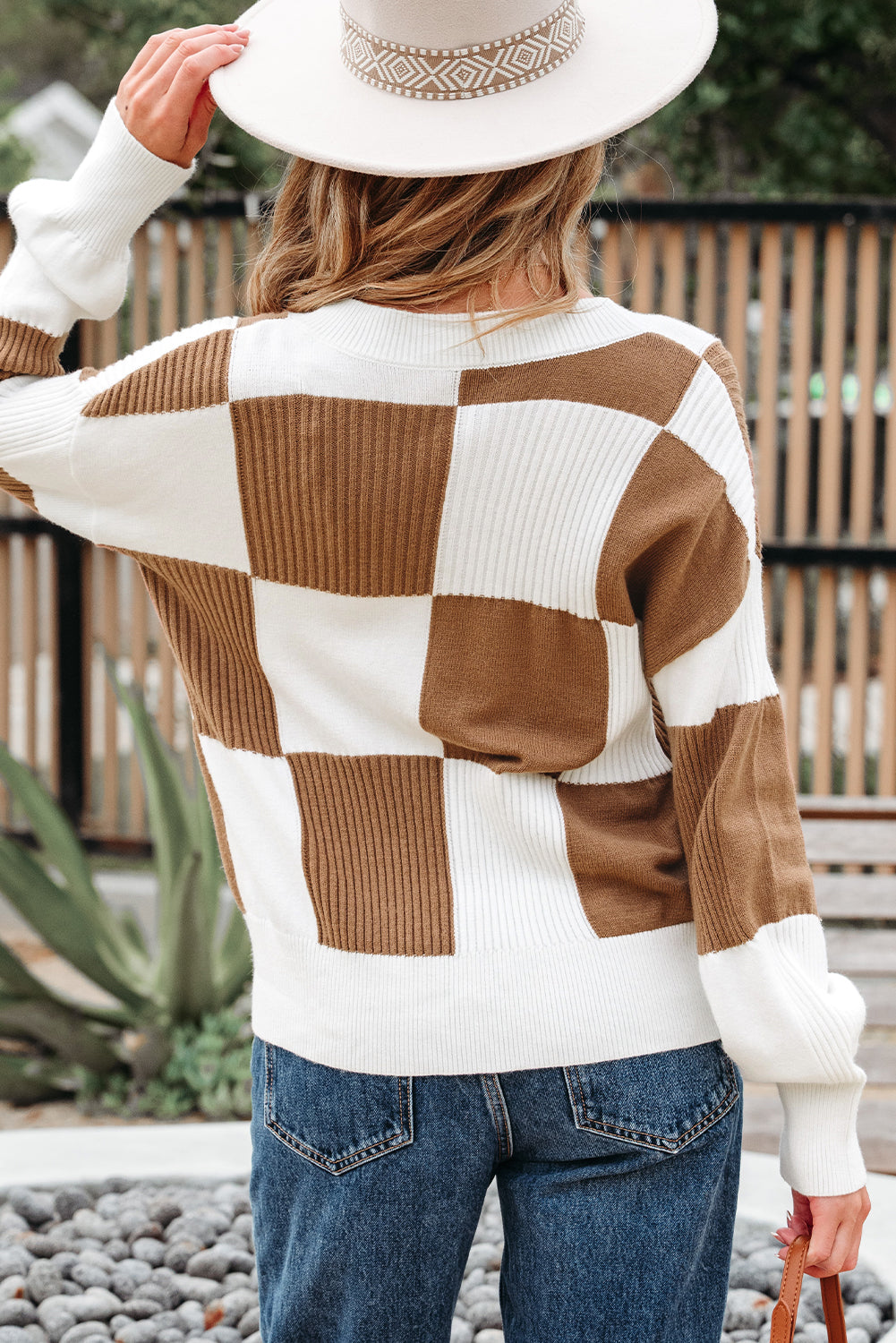 Khaki Checkered Sweater Cardigan